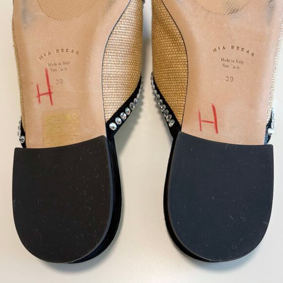 Mia Becar Ines Flat Mule EU 39 Italian Leather Raffia Crystals Slip On Feminine - Picture 13 of 16